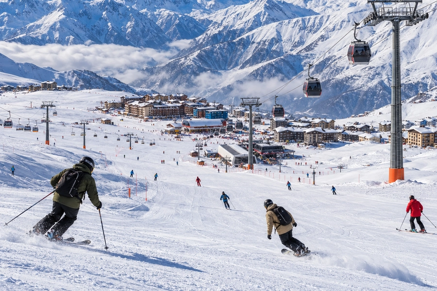 ALT: Skiers descending snow-covered slopes at Gudauri ski resort with the Caucasus Mountains in the background