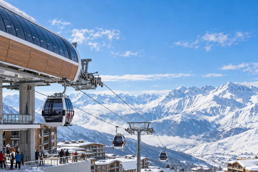 Gondola cable cars above a snowy mountain resort with panoramic Caucasus Mountain views in Gudauri