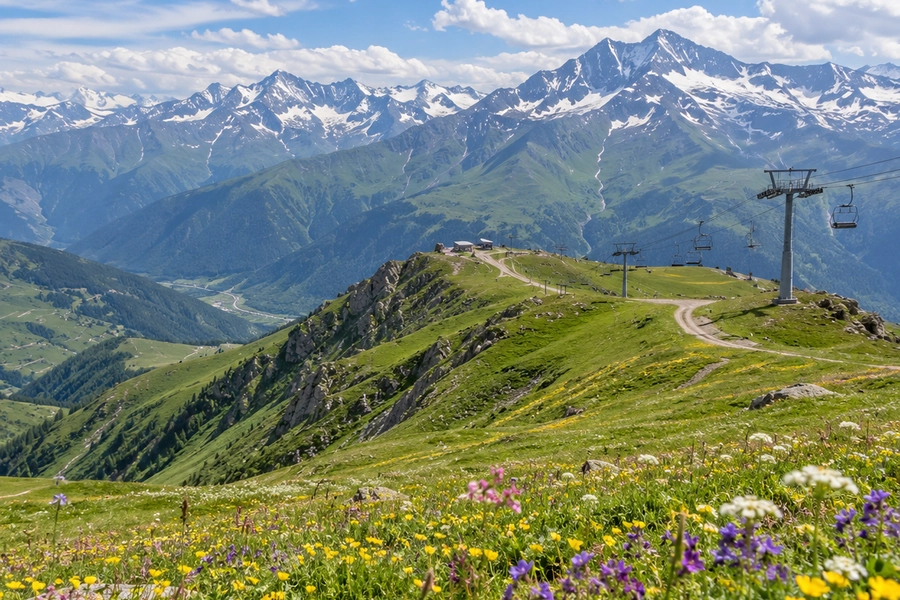Summer alpine meadows with wildflowers and cable cars on a green mountain ridge near Gudauri Georgia