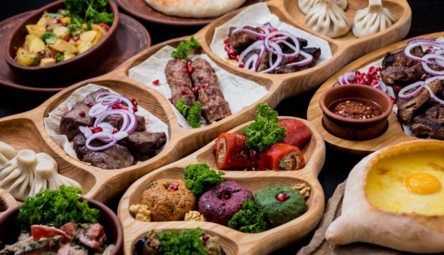 Georgian Cuisine Food set khachapuri dolma satsivi khinkali - Tourism in Georgia 2023