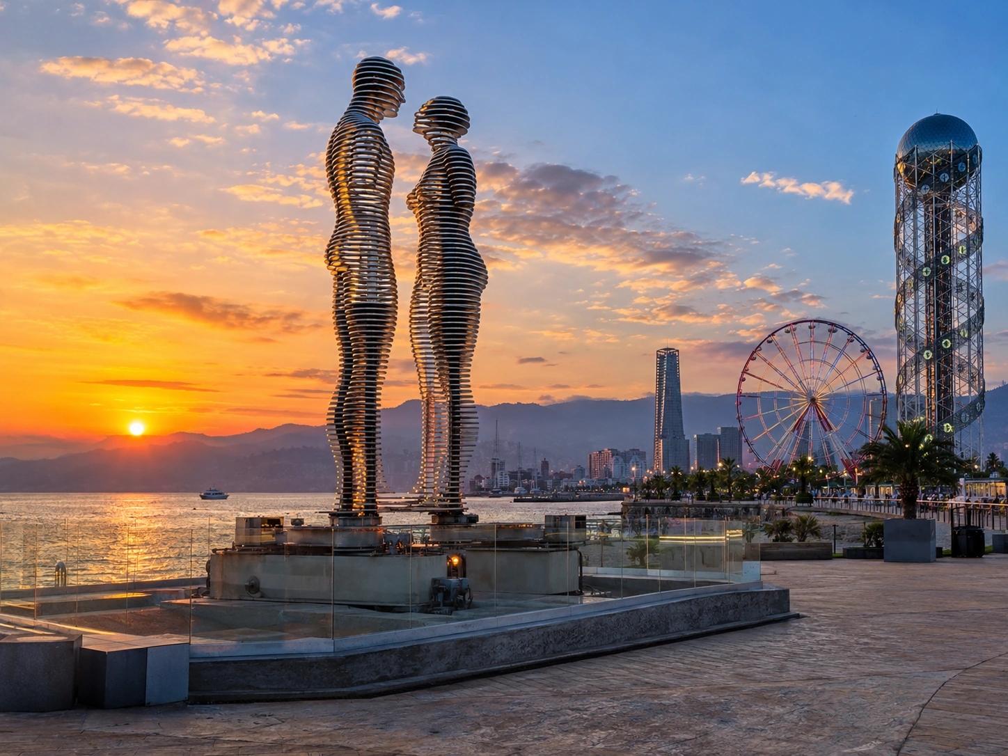 Ali and Nino moving sculpture at sunset on Batumi seafront with the Alphabet Tower and Ferris wheel