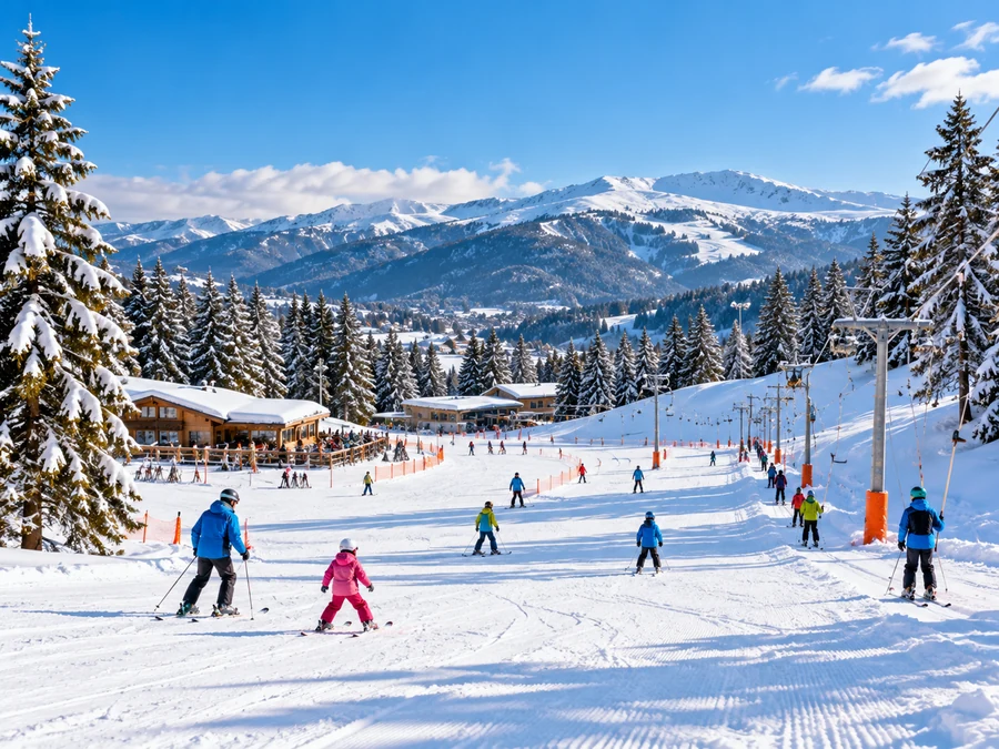 Illustration of beginner-friendly ski slopes with families skiing in Bakuriani, Georgia