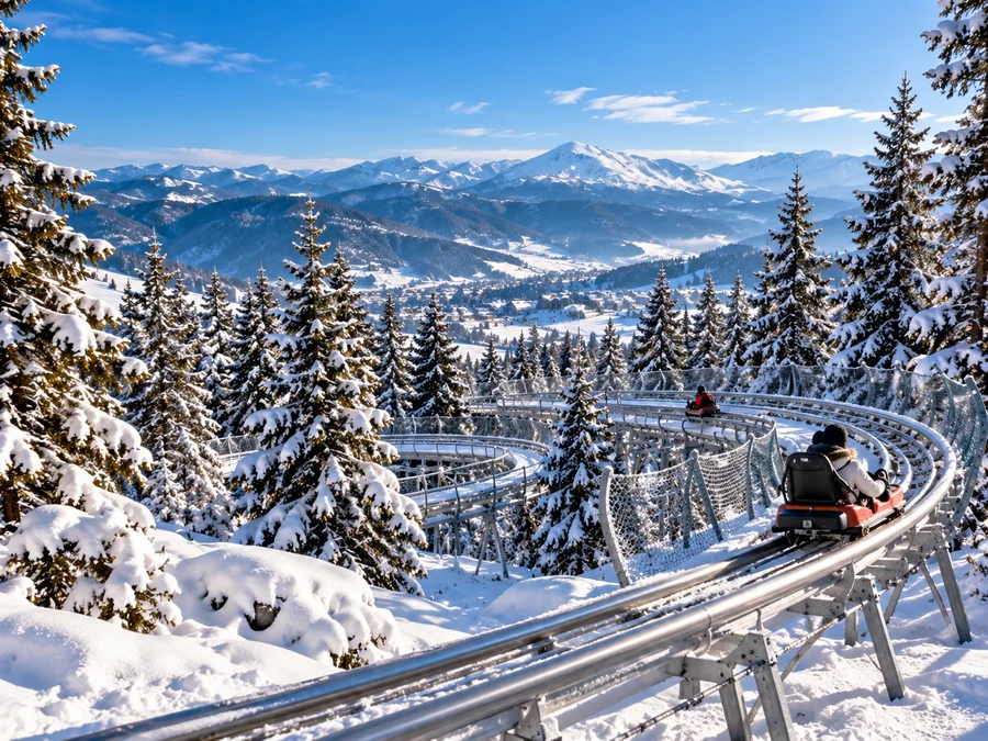 Illustration of an alpine toboggan coaster winding through snowy pine forests in Bakuriani, Georgia