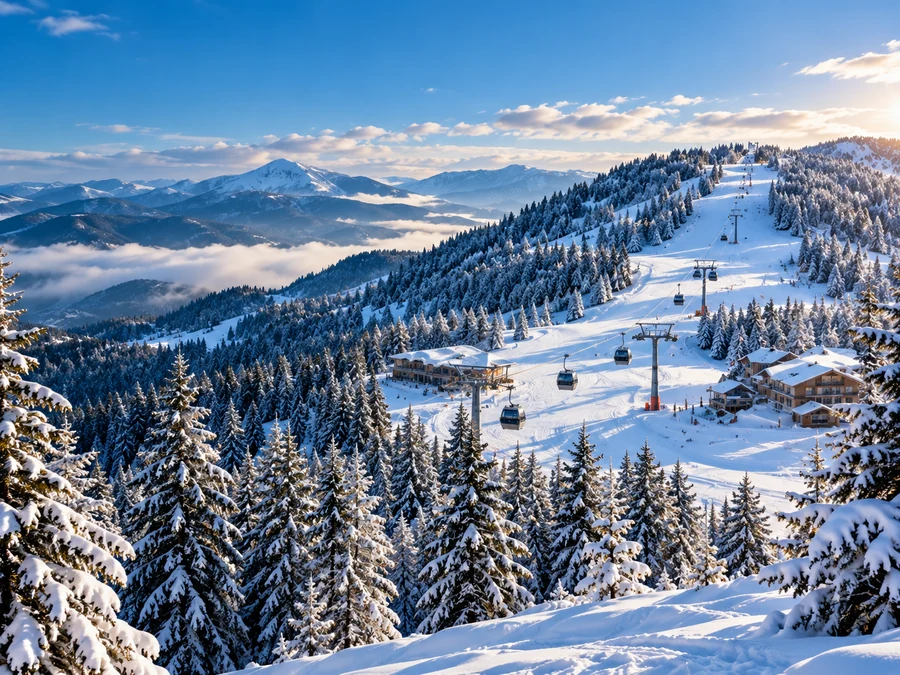 Snowy ski slopes and gondola lifts representing Didveli Ski Resort in Bakuriani, Georgia