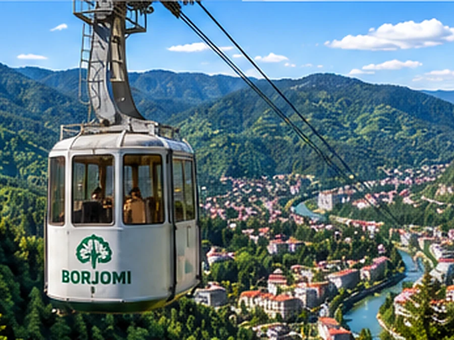 Illustrative cable car overlooking a forested mountain valley inspired by Borjomi, Georgia