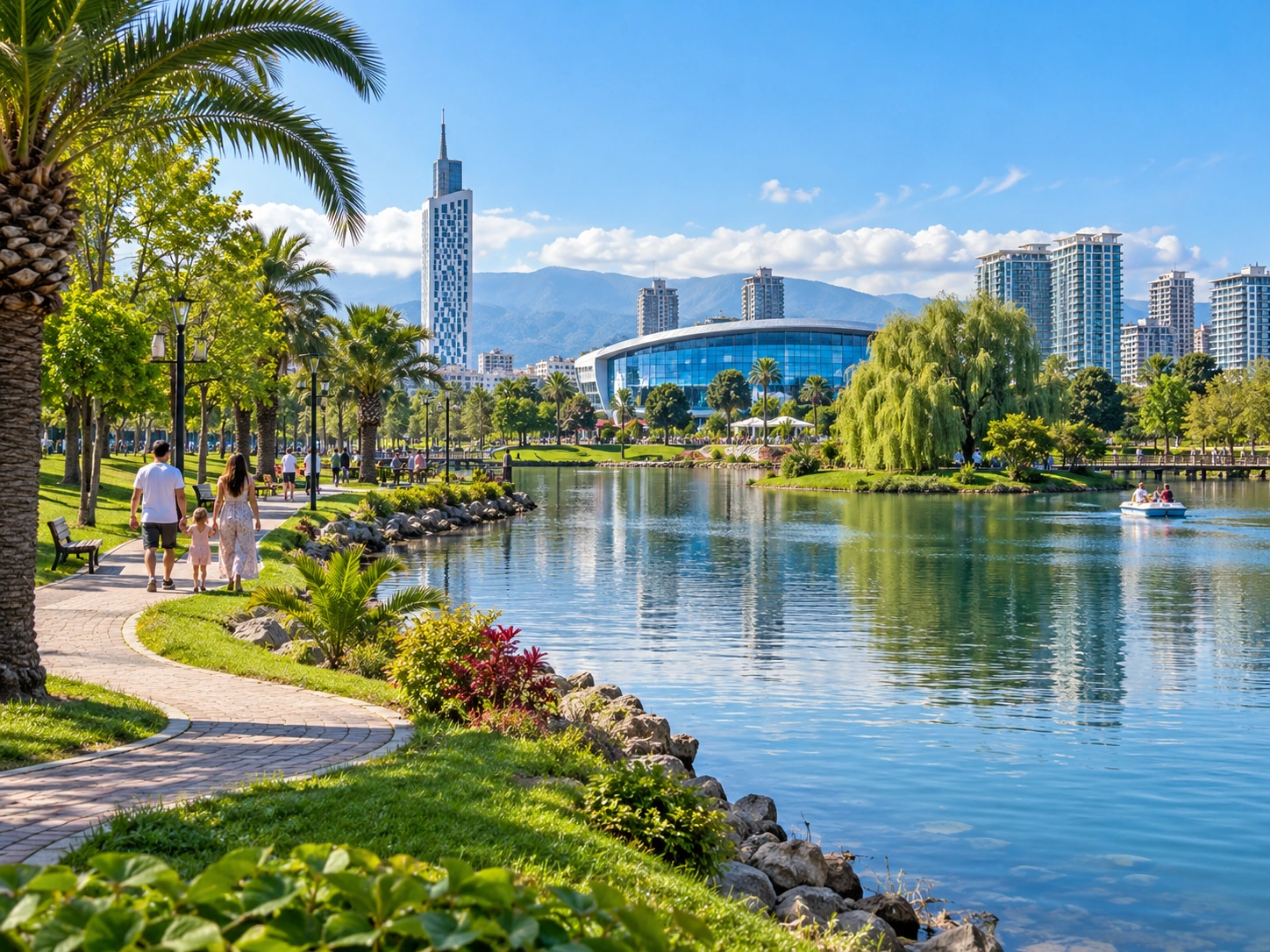 city park lake with skyline and mountains optimized
