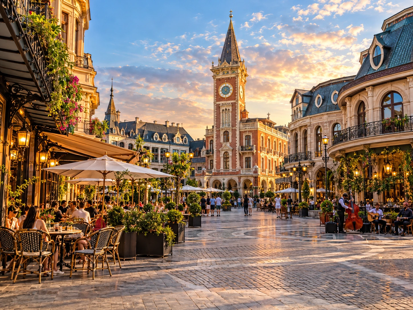 Piazza Square in Batumi with outdoor cafés, live music and elegant architecture at golden hour