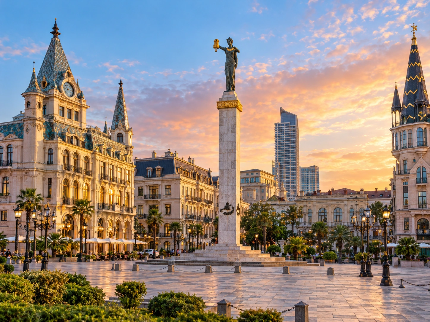 Medea Monument in Europe Square Batumi surrounded by elegant historic architecture at sunset