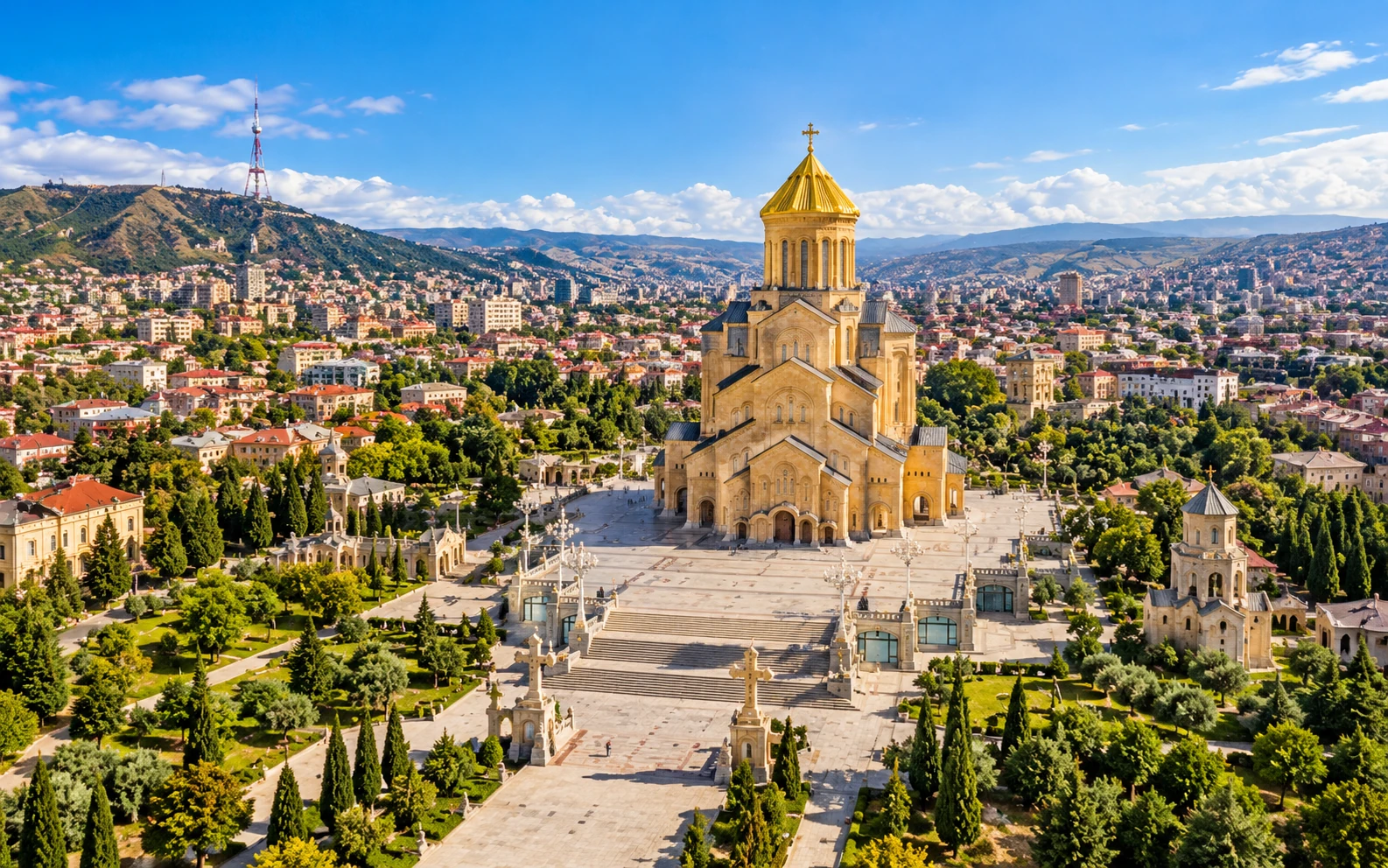 Holy Trinity Cathedral in Tbilisi with panoramic city view