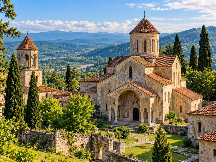 Illustrative view of a medieval Georgian monastery among green hills, inspired by Gelati Monastery near Kutaisi