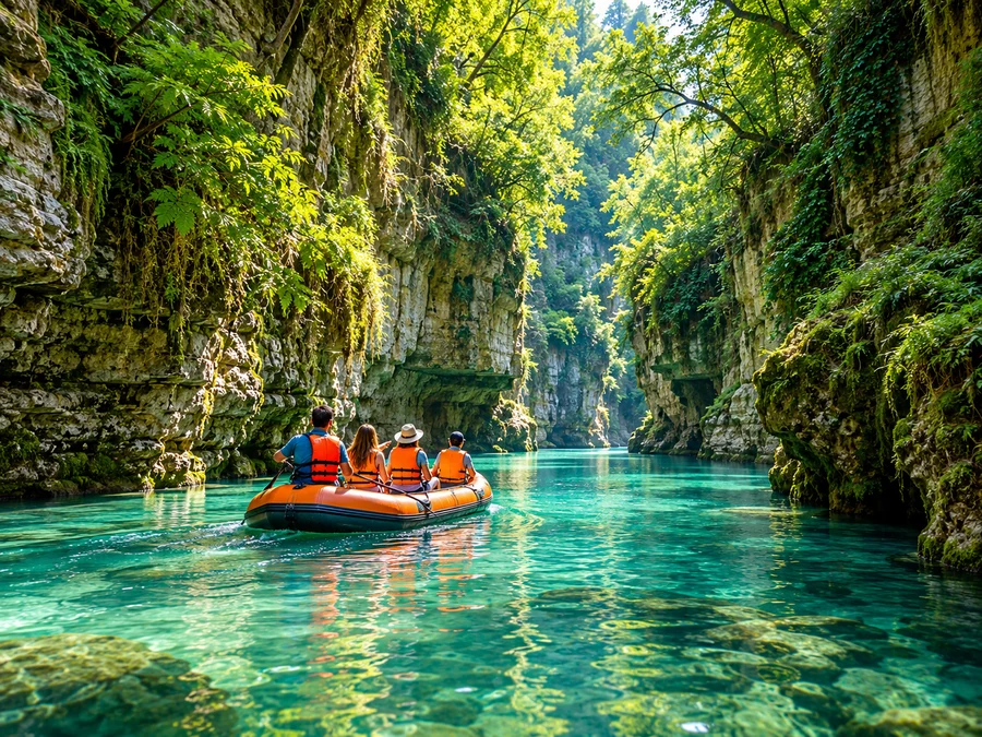Illustrative small raft on turquoise water between forested limestone cliffs, inspired by Martvili Canyon in Samegrelo, Georgia