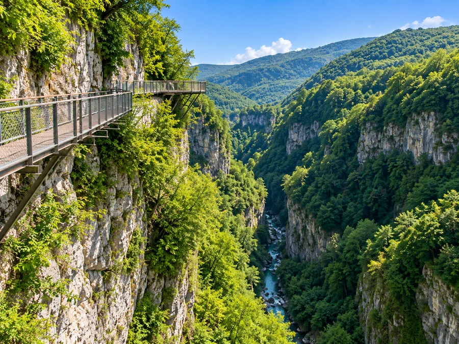 Illustrative metal walkway along a forested limestone gorge, inspired by Okatse Canyon in Imereti, Georgia