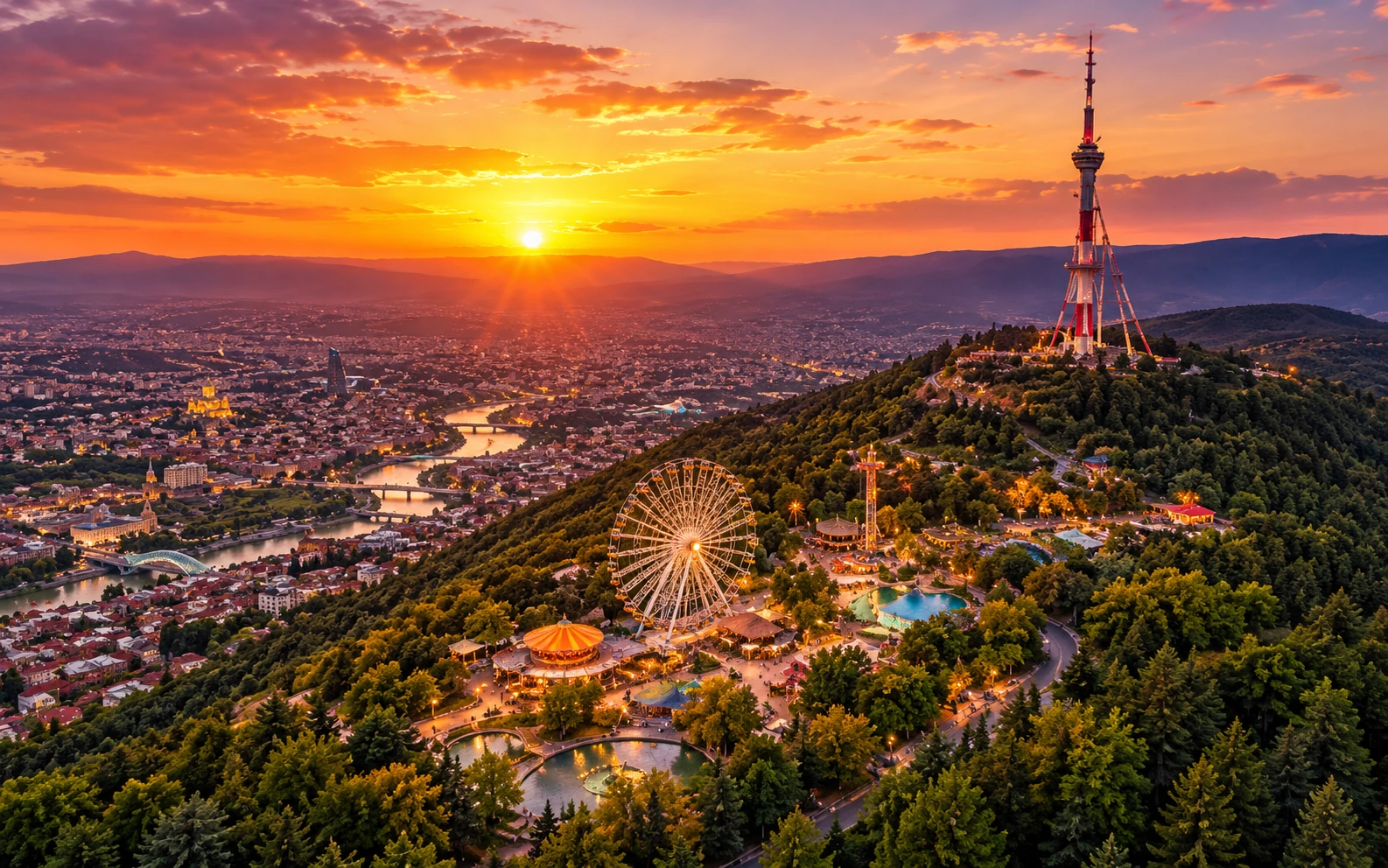 Sunset view over Tbilisi from Mtatsminda Park with TV Tower