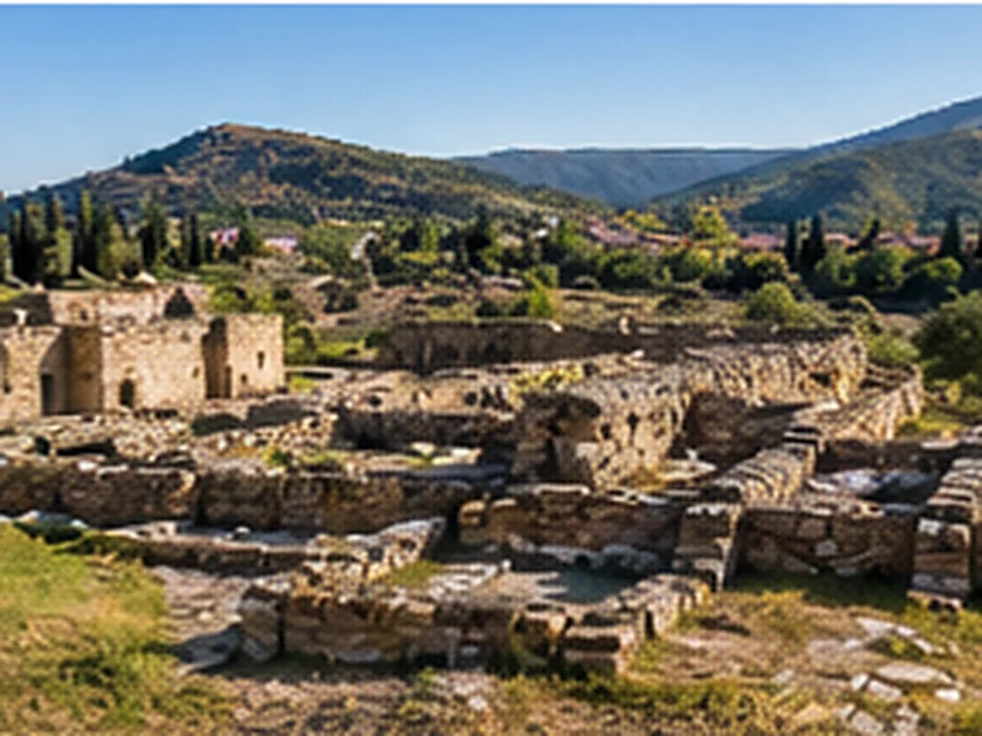 Illustrative view of medieval stone fortress ruins on a hillside near Mtskheta, Georgia