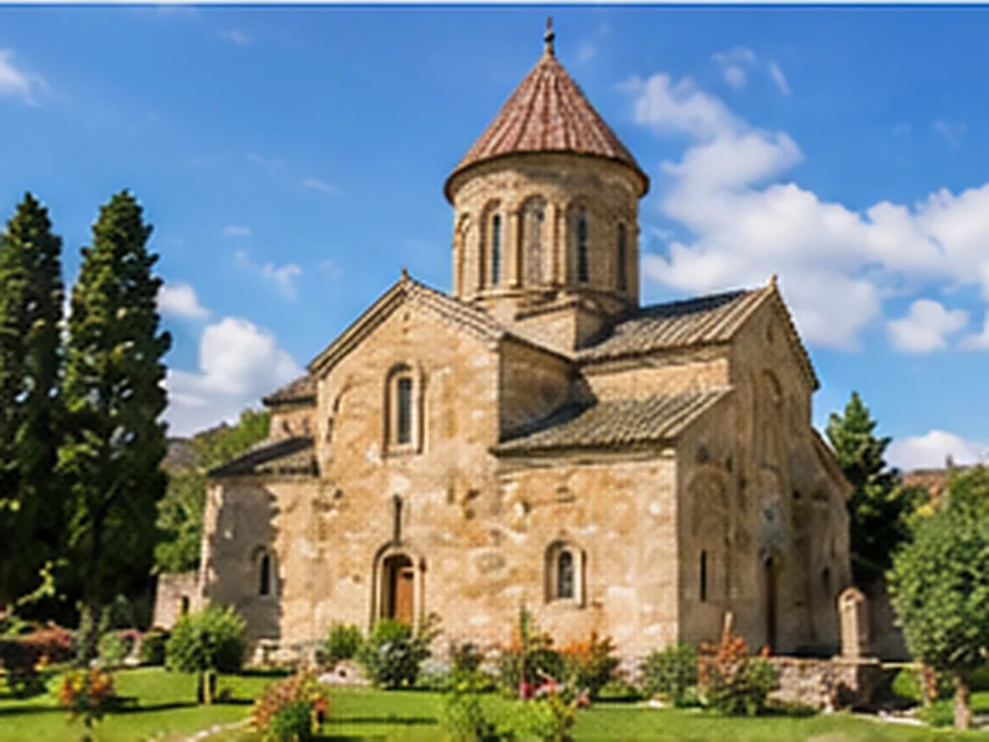 Illustrative stone church and trees at Samtavro Monastery in Mtskheta, Georgia