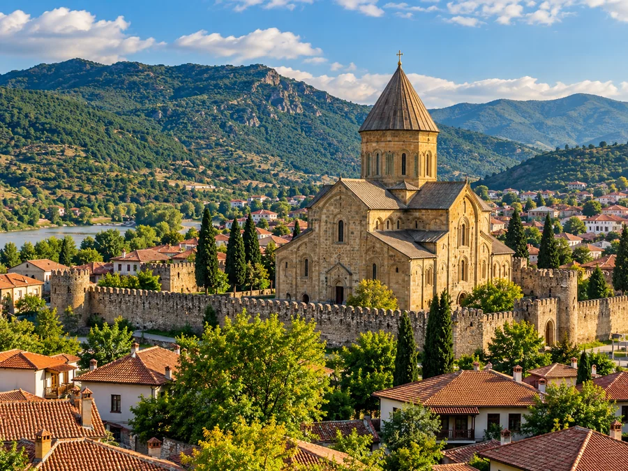 Illustrative panorama of Svetitskhoveli Cathedral in Mtskheta, Georgia, with medieval stone architecture and green hills