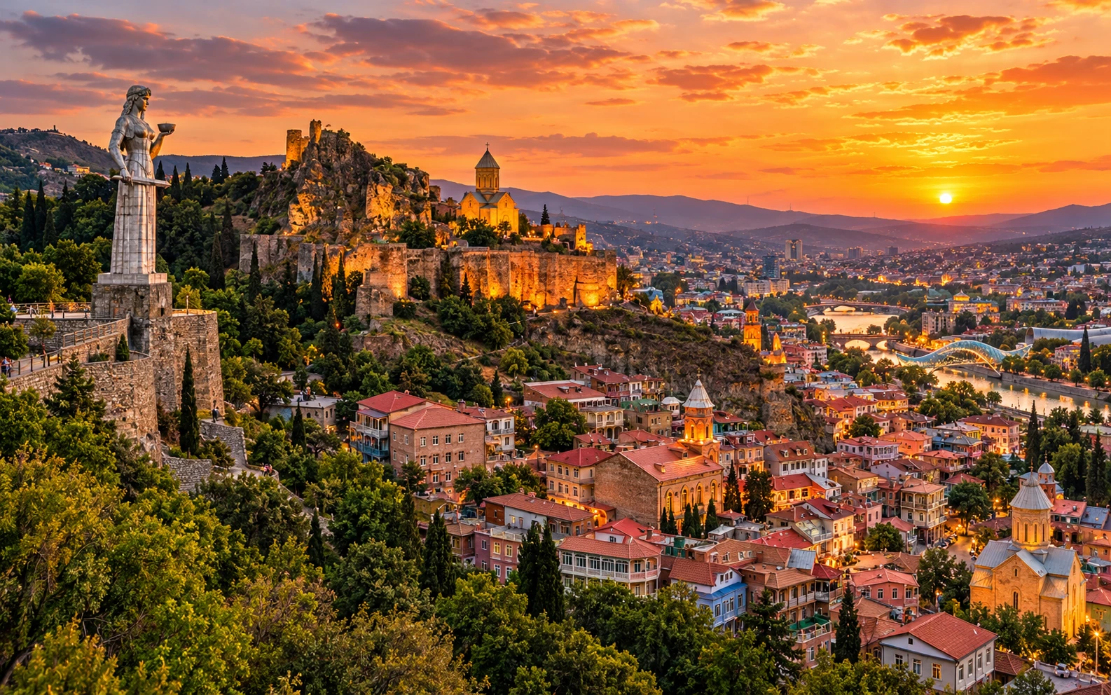 Narikala Fortress and Mother of Georgia overlooking Tbilisi at sunset