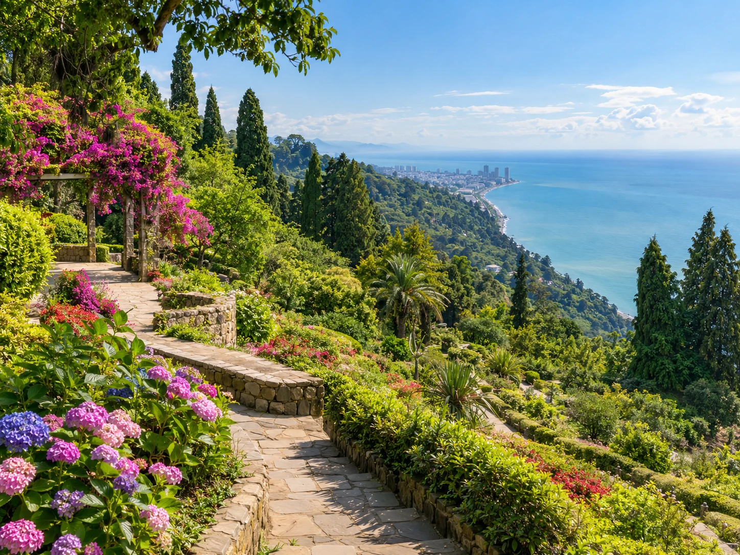 Batumi Botanical Garden terraces overlooking the Black Sea coast with lush greenery and colorful flowers