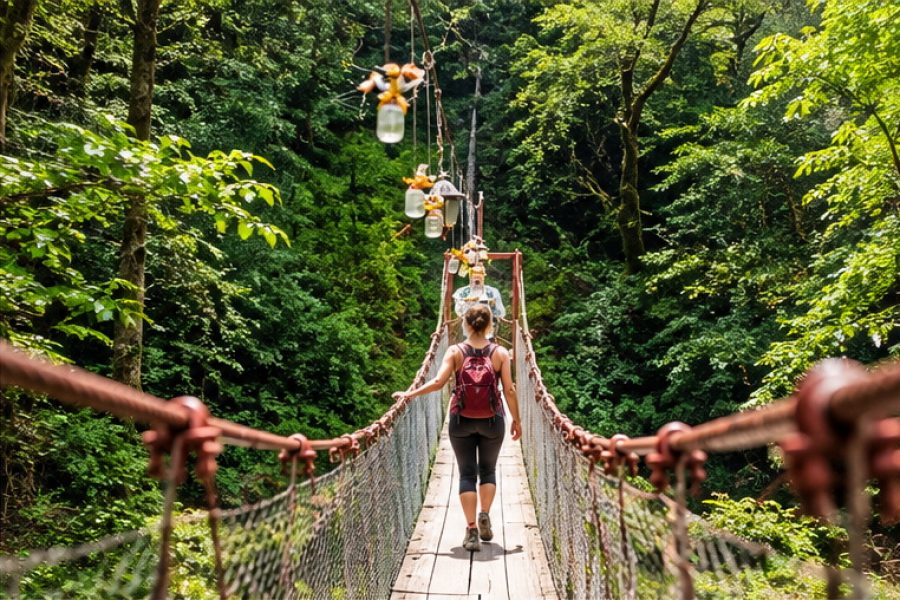 Suspension bridge surrounded by dense green forest in Mtirala National Park