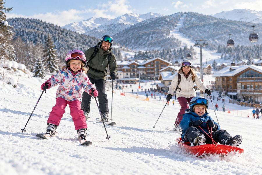 Family enjoying skiing and sledding on snowy mountain slopes during a Georgia winter holiday