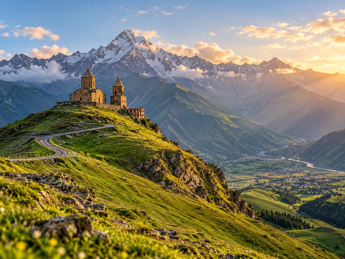 Gergeti Trinity Church overlooking the Caucasus Mountains in Kazbegi, Georgia